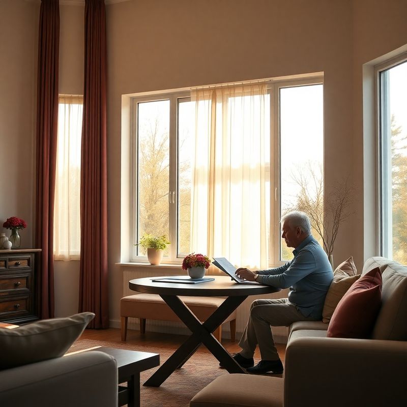 Cuplu matur revizuind documente la o masă de lemn în lumina caldă a după-amiezii
