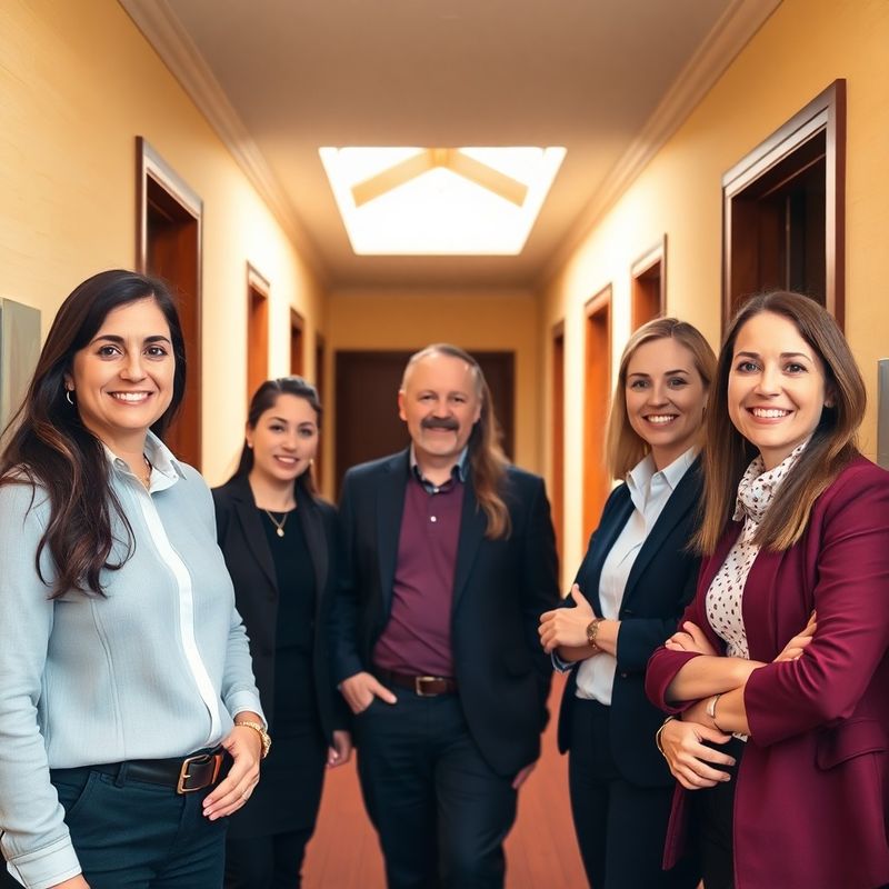 Mică echipă de consilieri financiari zâmbind într-un coridor de birou în tonuri crem și burgund