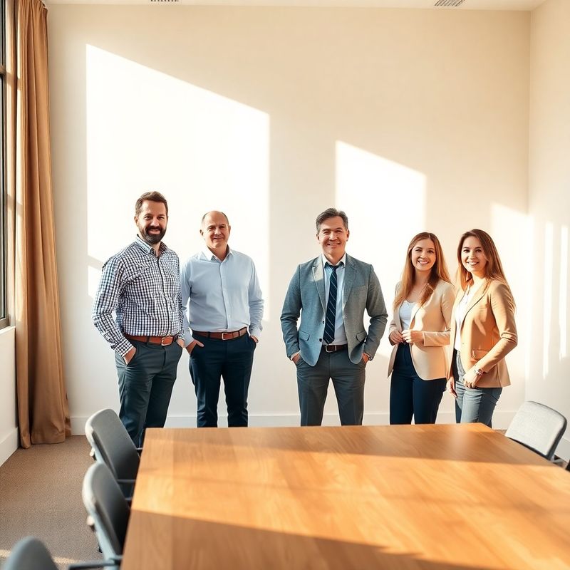 Patru profesioniști financiari adunați în jurul unei mese mari de conferință într-un birou luminos